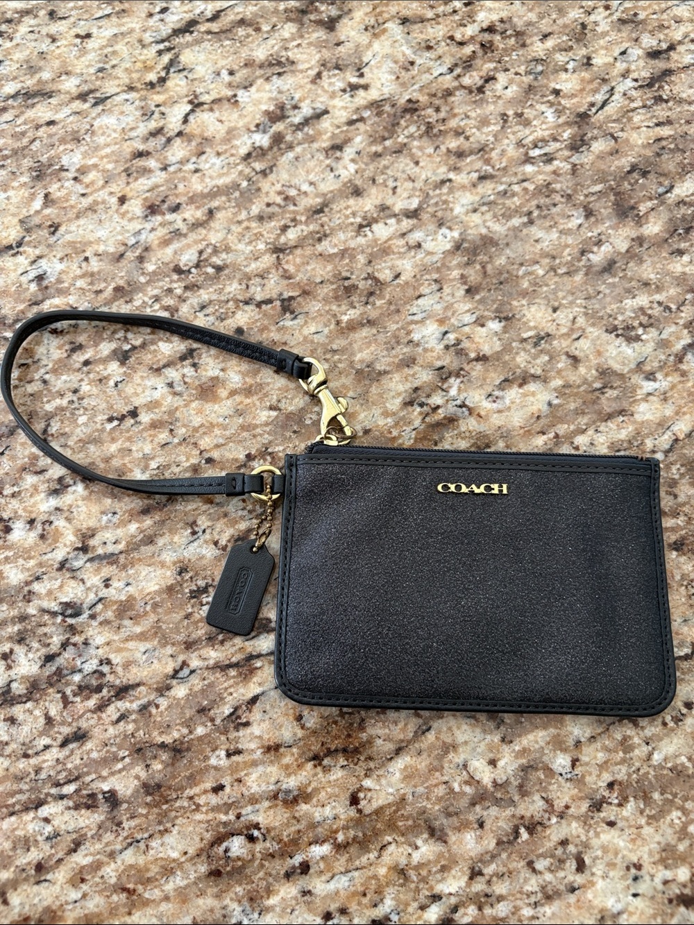 Coach Small Black Glitter Wristlet Pouch with Gold Logo